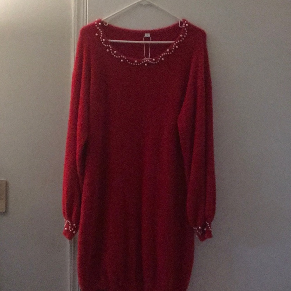 Red Sweater Dress with Pearl Accents super soft
